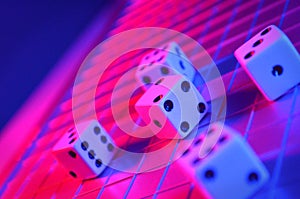 Playing Dice on a Grid in Red and Blue Lighting, Rolling Die