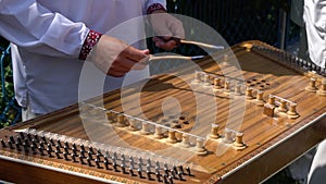 Playing the dulcimer folk musical instrument from Europe, playing the cymbals, cymbal, a young man playing cymbals