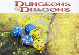 Playing dungeons and dragons, set of yellow dices for rpg, board games