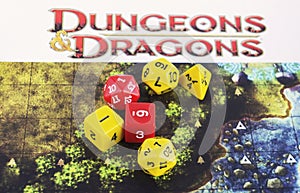 Playing dungeons and dragons, set of yellow and red dices for rpg, board games