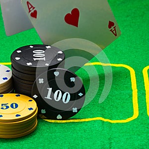 Playing field for poker round chips and falling cards