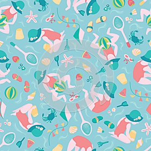 Playing girl Summer beach seamless vector pattern background. Cute toddler with badminton, beach ball, kite in the sand