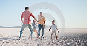 Playing, grandfather or father with children on beach for football, relationship or bonding on holiday. Travel, men or