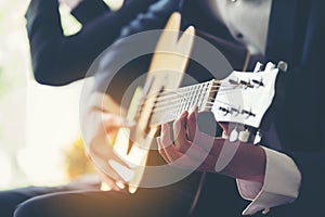 Playing guitar and concert concept.Live music background.Music f