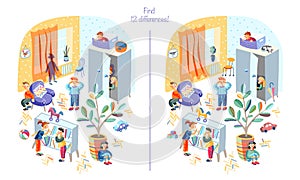 Playing hide and seek with friends at home. Find difference between two pictures game vector illustration. Boy counting