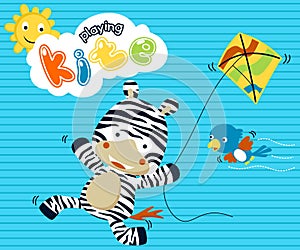 Playing kite with funny zebra cartoon