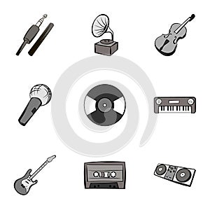 Playing melody icons set, gray monochrome style