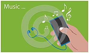 Playing music with hand held smartphone on the green background. Flat vector illustration.