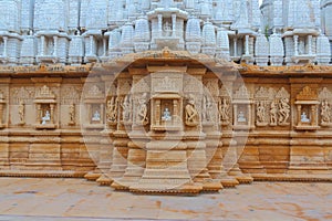 Artistic carving on red and white stone, shankheshwar parshwanath, jain temple, gujrat, India