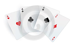 Playing poker cards. Realistic fan of aces. Square white cardboards. Black and red suit signs. Equipment for casino