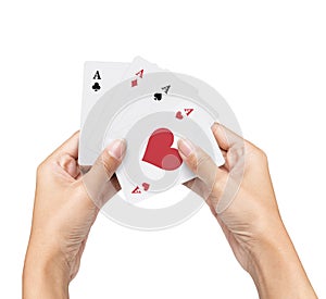 playing poker Deck of Ace High Royal Flush Cards in pretty women hand isolated on white background.