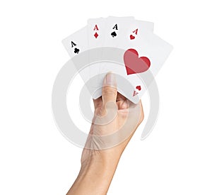 playing poker Deck of Ace High Royal Flush Cards in pretty women hand isolated on white background.