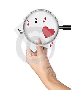 playing poker Deck of Ace High Royal Flush Cards in pretty women hand isolated on white background.