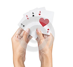 playing poker Deck of Ace High Royal Flush Cards in pretty women hand isolated on white background.