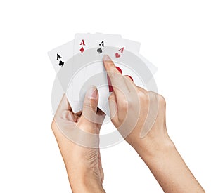 playing poker Deck of Ace High Royal Flush Cards in pretty women hand isolated on white background.