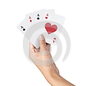 playing poker Deck of Ace High Royal Flush Cards in pretty women hand isolated on white background.