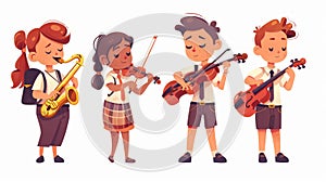 Playing saxophone and violin in school orchestra. Happy child student character playing jazz rhythm isolated on white