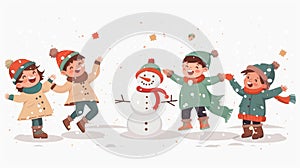 Playing with snow on winter holidays with happy active kids. Kids throwing snowballs and making snowmen in snowy cold