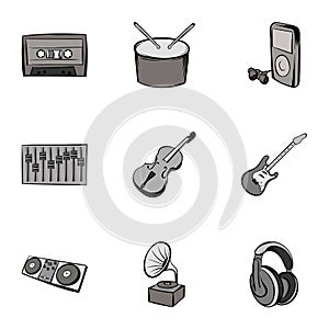 Playing song icons set, gray monochrome style