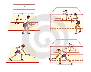 Playing squash. The scheme of movements, initial training. Isolated on white background