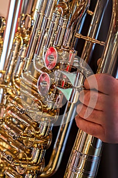 Playing wind instrument on concert