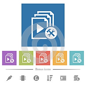 Playlist tools flat white icons in square backgrounds