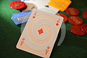 Playng card fiches green table