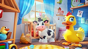 Playroom banner with cute ducks and cows and toys for kids. Modern illustration for kindergarten or preschool with a