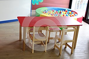 Playroom for children in a house with toys such as a kitchen, a table, a puppet theater, a ball pool, a piano and wood