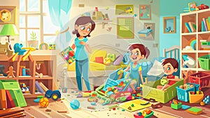 Playroom interior for hyperactive preschool or kindergarten baby illustration. Mom and children in messy nursery cartoon