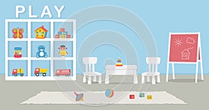 Playroom interior. Kids\' room in blue color. Cabinet with toys, blackboard, table, two chairs