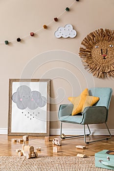 Playroom for kids with cute toys and mockup poster frame in Scandinavian style.