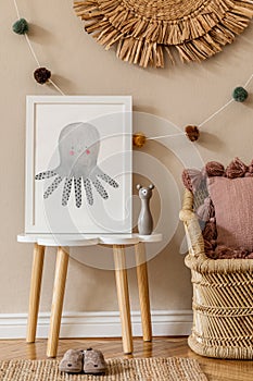 Playroom for kids with cute toys and mockup poster frame in Scandinavian style