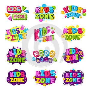 Playroom logo. Kids zone colored funny badges text graphic emblem for game education areas vector set photo