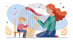 A the plays soft calming melodies on a harp to help a child with ADHD focus and relax during a session.. Vector photo