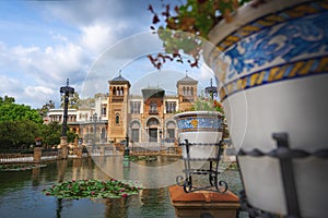 Plaza de America Central Pond and Mudejar Pavilion at Maria Luisa Park - Seville, Andalusia, Spain