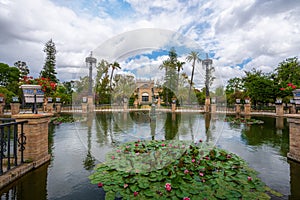 Plaza de America Central Pond and Royal pavilion (Pabellon Real) at Maria Luisa Park - Seville, Andalusia, Spain photo