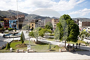Plaza de Armas of the city of Jaen-San Leandro de Jaen-with monument and a garden with flowers founded in the year 1549 Cajamarca