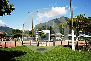 Plaza de Armas city of Tingo Mari­a with buildings with a, Beautiful Peruvian jungle with green fields and long roads. Peruvian