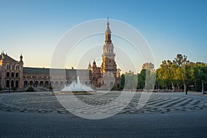 Plaza de Espana with Fountain and South Tower - Seville, Andalusia, Spain