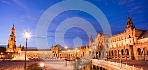 Plaza de Espana Spain square at night in Seville, Andalusia