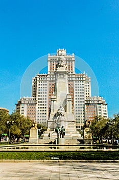 Plaza de EspaÃÂ±a, in Madrid. Statue of Don Quixote photo