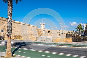 Plaza de la Constitucion with Puertas de Tierra in Cadiz, Spain