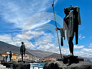 Plaza de la Patrona de Canarias with Guanches statues. Candelaria, Tenerife Island, Spain. Blue sky photo