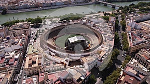 Plaza de Toros de la Real Maestranza Bullring, Seville, Spain. Drone Aerial View