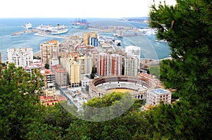 Plaza de Toros and harbor in Spanish Malaga