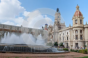 Plaza del Ayuntamiento in Valencia, City Hall Building, Fountain and Square, Spain