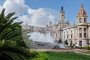 Plaza del Ayuntamiento in Valencia, City Hall Building, Fountain and Square, Spain photo
