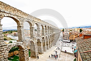Plaza del Azoguejo and the ancient Roman aqueduct in Segovia, Sp photo