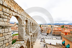 Plaza del Azoguejo and the ancient Roman aqueduct in Segovia, Sp photo